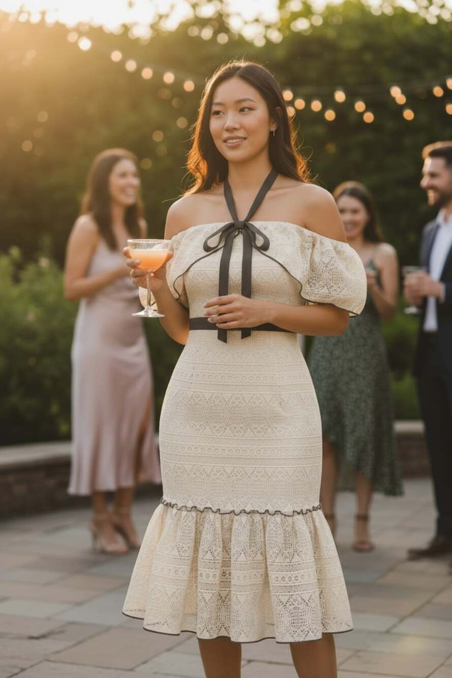 Adelyn Rae Lace Off Shoulder Midi Dress Crochet Ruffle Hem Romantic Cottagecore